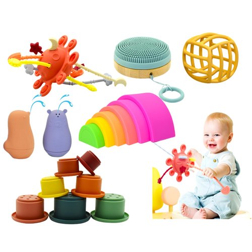POPKIDS Baby Bath Toy Set (7 Pieces) - Bath Bird Bear, Bath Brush, Stacking Tower, Sensory Toy, Cooling Toy, Summer Toy, Montessori Toys for Baby 6 to 12 Months, Boys and Girls 1-3, 3-6 Years