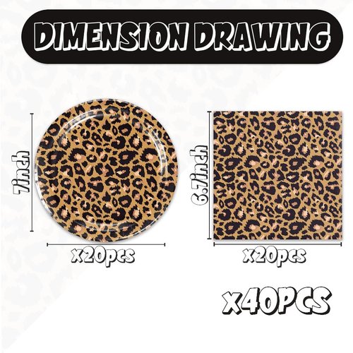 40pcs leopard print Party Supplies， Jungle Safari Animal Print Paper Plates and Napkins for Birthday Party, Baby Shower Zoo Disposable Tableware