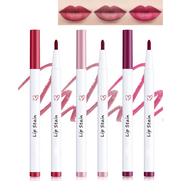 Lip Stain Marker Pen-3Pcs Hydrating Lip Tint Stain Lip Liner Tattoo Pencil,Matte Color Look,Longlasting Waterproof Lipstain Lipgloss,Precise Chisel Tip Smooth,Christmas Makeup Gift for Women-01+03+06
