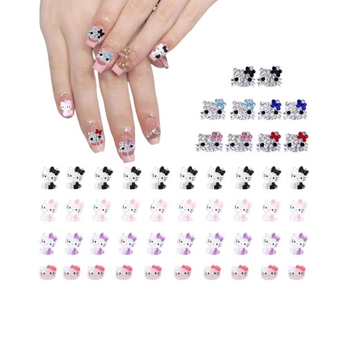 SICIJONYY 50 PCS Kitty Nail Charms 3D Nail Art Charms Kawaii Nail Art Charms Flatback Resin Charms Cute Cat Metal Rhinestone Making Ornament DIY Nail Accessories