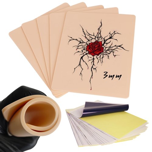 Tattoo Practice Skin and Transfer Paper - 25Pcs Fake Skin 3MM and Stencil Transfer Paper Tattoo Kit Include 5Pcs Tattoo Fake Skin and 20Pcs Stencil Paper Kit for Beginners and Experienced Artists