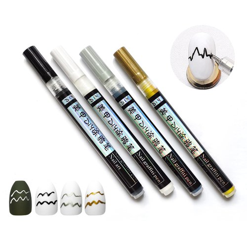 LOKFAR 4 Pieces Nail Art Pens Nail Art Graffiti Pen Set, Waterproof Drawing Painting Liner Brush Fine Tip Nail Pen, for DIY Abstract Lines and Flower Pattern Design (Black+White+Golden+Silver)