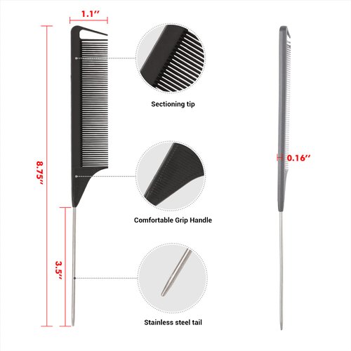 STUDIO LIMITED Carbon Pin Tail Comb Rat Tail Combs, Parting Comb Pin Tail Stainless steel tail Hair Styling Beauty Tools Easy parting and styling Anti-static (12 Pcs)