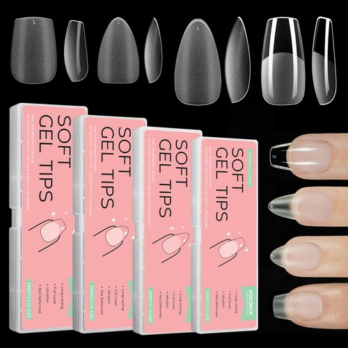 SOCORIA 960PCS Soft Gel X False Nail Tips 4 Styles Kit Short Coffin, Short Almond Medium Coffin and Medium Almond Pre-shaped Matte Full Cover Acrylic Fake Nail Set 15 Sizes