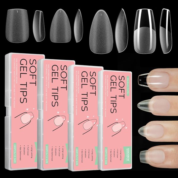 SOCORIA 960PCS Soft Gel X False Nail Tips 4 Styles Kit Short Coffin, Short Almond Medium Coffin and Medium Almond Pre-shaped Matte Full Cover Acrylic Fake Nail Set 15 Sizes