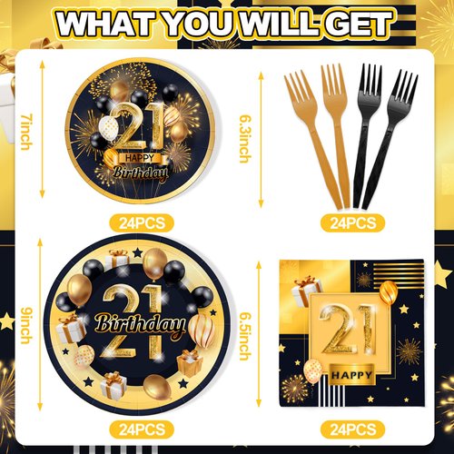 SCIONE 96 Pcs 21st Birthday Decorations Plates and Napkins Party Supplies for him her - Paper Party Tableware Decorations Set for 24 Guests