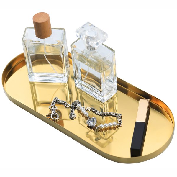 FREELOVE Mirror Gold Metal Decorative Tray, Small Brass Perfume Makeup Napkin Holder Glass Candle Trinket for Vanity Counter Bathroom Accessories, Rectangle Round 5.1''X11.8''