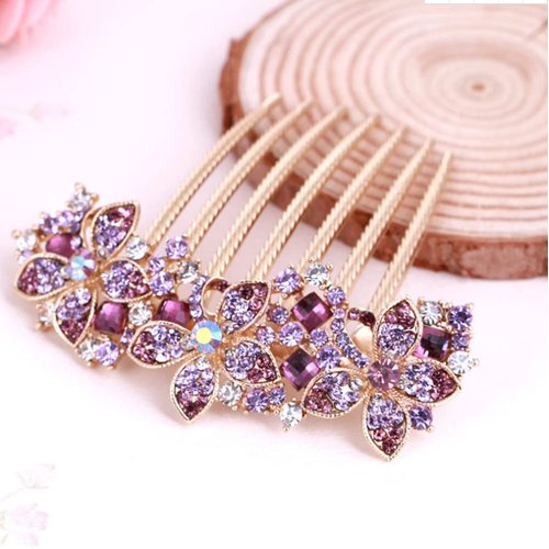 Netual Women Flower Headwear Rhinestone Inlaid Flower Hair Comb for Thick Hair Hairpin Barrette Accessory (Purple)