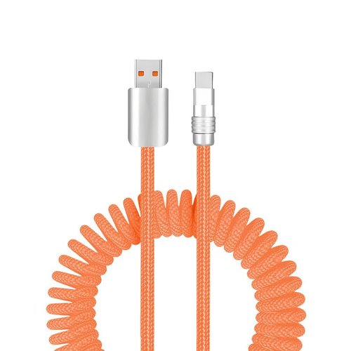 GentsStride Curly Chubby Retractable Car Charge Cable USB Type C Charger Fast Charging Cable Nylon Braided High Speed Data Transmission Cord, Orange, USB-A to Type-C, 1.6FT-3.3FT