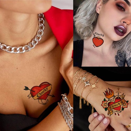 GOROMON 16 PCS Bride of Chucky Tattoo Heart, Halloween Temporary Tattoos Stickers For Women Men, Fake Halloween Makeup Kit Party Favor Supplies Chucky Heart Tattoos Costume Accessories