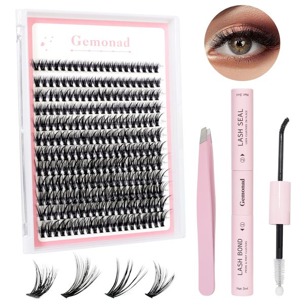 Gemonad DIY Lash Extension Kit Individual Lashes Cluster D Curl Eyelash Extension Kit 40D 8-16mm Mix Lash Clusters with Lash Bond and Seal and Lash Applicator Tool for Self Application at Home