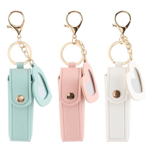 QWLWBU 3Pcs Chapstick Keychain Holder,Soft Leather Chapstick Holder Portable Lipstick Case Holder Lip Balm Holder with Key Chain And Mirror,for Chapstick Perfume Fingernail Polish