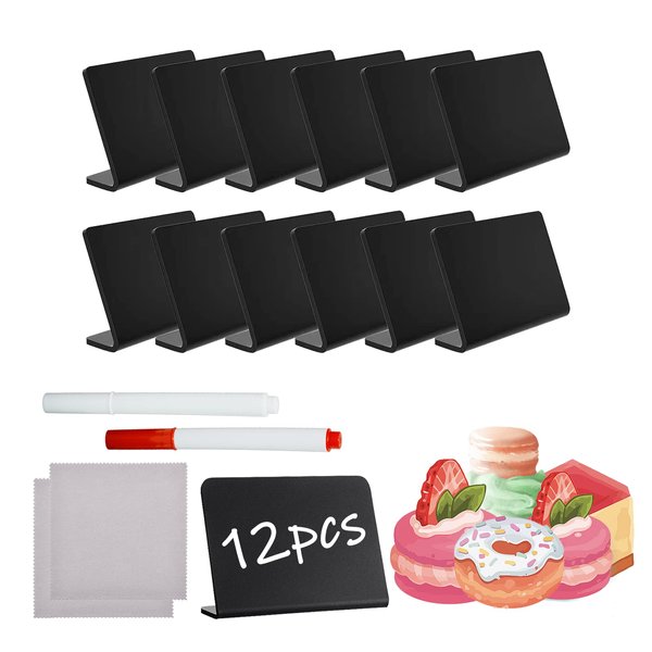 4"x3" Mini Chalkboard Signs for Food，Food Labels for Parties - Buffets - Birthdays -Bakery-Table Numbers-Weddings ，with 12 Pack of Small Chalkboard Signs - 2 Pieces of Chalk - 2 Pieces of Rags