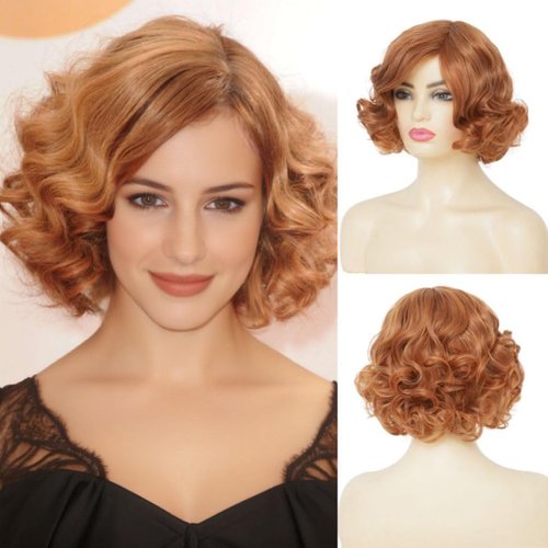 Amnenl Short Blonde Curly Wigs for Women Honey Blonde Side Part Synthetic Wig Cosply Daily Party ...
