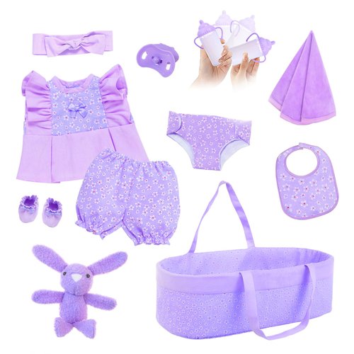 18INDC 11 Pcs Baby Doll Clothes with Purple Floral Design Baby Doll Bassinet & Accessories for 17-22 Inch Baby Doll, Baby Doll Clothes Outfit Accessories Fit Reborn Baby Doll