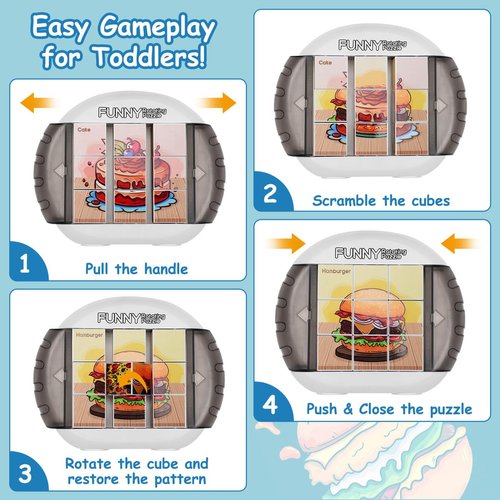 Fullware Rotating Puzzle for Kids 3 4 5 6 7 8 Year Old, 4 Puzzles in 1, Toddlers Travel, Car, Airplane, Road Trip Activities, Fine Motor Skills, Fidget, Gift for Boys & Girls Ages 3+ (Snacks)