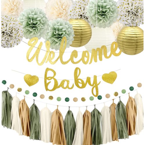 Kiwayo Baby Shower Decorations Sage Green- Welcome Baby Banner with Tissue Pom Poms, Tassel Garland, Paper Lanterns, Circle Dot Garland- Baby Gender Reveal Birthday Party Decorations