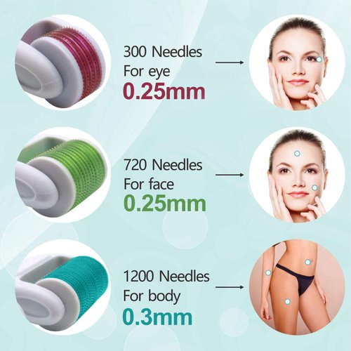 Derma Roller for Face and Body - Angel Kiss 4 in 1 Titanium Microneedling Roller Kit Micro Needle Microneedle Roller, 300 and 720 Needles 0.25mm,1200 Needle 0.3mm