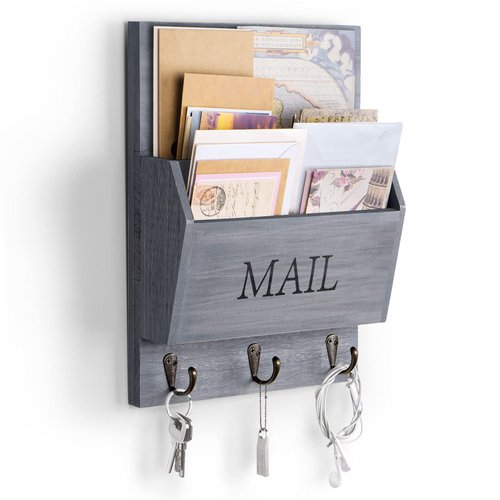 DLQuarts Mail Organizer with Key Holder for Wall Decorative Mail Sorter Wall Mounted, Wooden Mail Holder with 3 Hooks, Gray