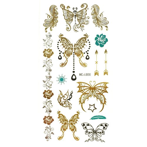 Allydrew Medium Metallic Gold Silver and Black Body Art Temporary Tattoos, Rose, Butterflies, Arrows