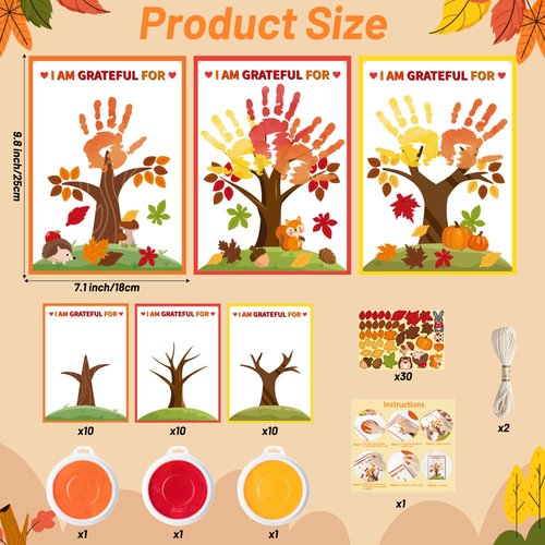 WATINC Fall Thankful Tree Handprint Crafts - 30Pcs DIY Thanksgiving Gratitude Tree with Maple Leaves Stickers, Make Your Own Thank You Greeting Cards Gifts for Mom Dad