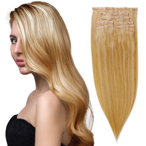 Skinny Weft Clip-In Hair Extensions by Everlong, Thin Silicone Pressed Wefts, Premium Remy Human Silky Straight Hair for Length & Volume, 175 grams #124 Honey Pecan 18"