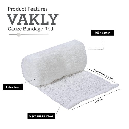 Sterile Krinkle Kerlix Type Gauze Bandage Rolls [Pack of 5] Highly Absorbent Fluff 100% Cotton Bandages Roll 4.5"x4.1yds 6-Ply - Individually Wrapped Mesh Gauzes + 1 Roll of Vakly Medical Tape