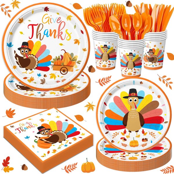 QIYANPAX 168Pcs Turkey Thanksgiving Party Supllies Autumn Friendsgiving Disposable Tableware Turkey Paper Plates, Napkins, Cups, Cutlery for Fall Thanksgiving Party Decorations, Serves 24