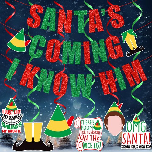 Santa’s Coming I Know Him Banner,Christmas Party Decorations,Christmas Mantle Home Decor,Buddy The Elf Party Supplies for Kids Boy And Girl