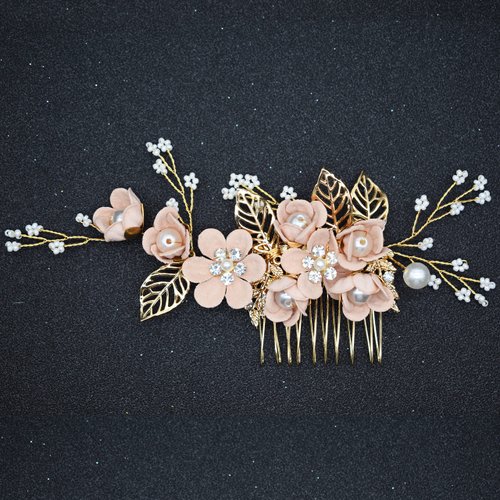 Wedding Hair Accessories, Fanvoes Hair Pieces Comb for Brides Bridal-Gold Vintage Headpiece Clip Barrette w/Handmade Pink Flower Leaf Ivory Pearl Beads Rhinestone Crystal for Women Girls Bridesmaid