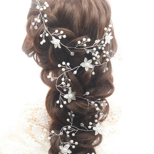 Teyglen Bride Wedding Flower Pearls Long Hair Vine Silver Rhinestone Crystal Beads Hair Vine Headband Handmade Bridal Headpieces Hair Pieces Wedding Hair Accessories Hair Jewelry for Women Girls