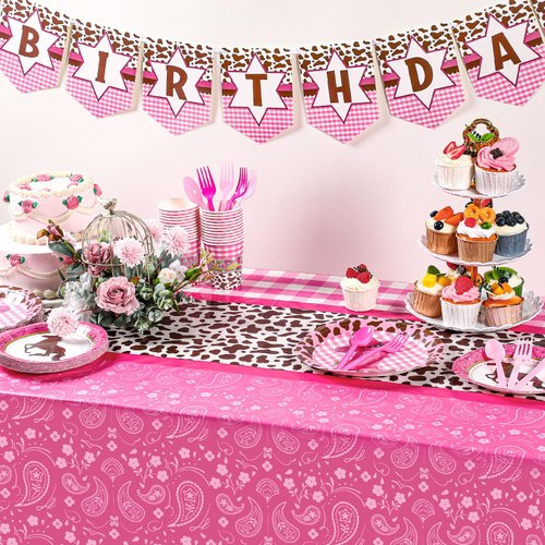 Gejoy 3 Pcs Western Cowgirl Tablecloth Plastic Disposable Pink Horse Table Cover Pink Table Cloth Wild West Cowgirl Birthday Party Themed Party Decorations Supplies Favors, 51 x 108''
