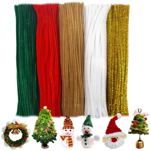 500pcs Christmas Pipe Cleaners for DIY, Green/Red/Borwn//Golden/White 5 Colors Chenille Stems, Pipe Cleaners Set for Art Craft Supplies, Creative Xmas Home Decorations (7mm x12 inch)