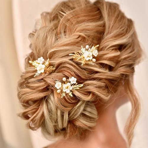 Heread Flower Bride Wedding Hair Pins Gold Leaf Bridal Hair Pieces Pearl Hair Accessories for Women and Girls (Gold)