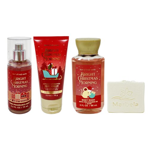 Bath & Body Works Bright Christmas Morning - Trio Gift Set Travel Size - Fine Fragrance Mist, Body Cream and Body Wash with a Natural Oats Sample Soap.