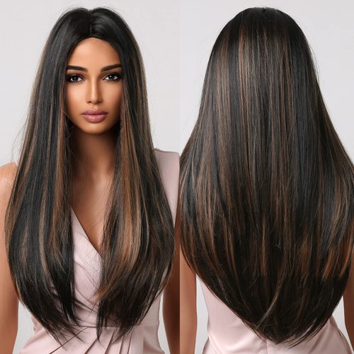 Allbell Long Black Wigs for Black Women Straight Synthetic Hair with Brown Highlights Middle Part Off Black Balayage