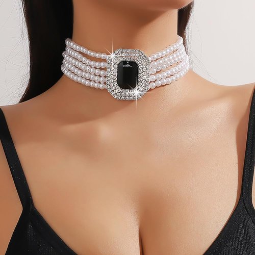 Denifery Vintage Pearl Choker Necklace Multiple Layered Rhinestone Necklace Bride Wedding Necklace Prom Party Necklace for Women (Black)