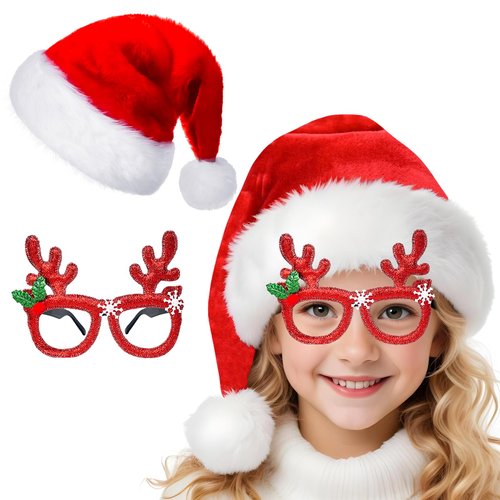 QLINLEAF 4Pack Red Santa Hat for Kids Plush Christmas Hats and Christmas Glasses Eyeglasses for Xmas Holiday Party for Children