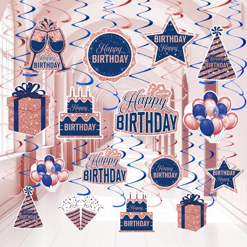 Navy Blue Rose Gold Birthday Party Decorations Hanging Swirls for Women Girls, 16Pcs Rose Gold Navy Blue Birthday Hanging Swirls for 10th 16th 18th 40th 50th 60th Birthday Party Ceiling Swirls Decor