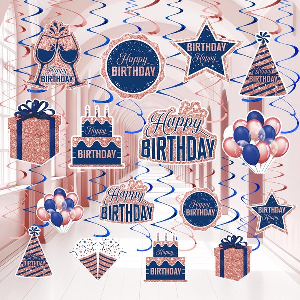 Navy Blue Rose Gold Birthday Party Decorations Hanging Swirls for Women Girls, 16Pcs Rose Gold Navy Blue Birthday Hanging Swirls for 10th 16th 18th 40th 50th 60th Birthday Party Ceiling Swirls Decor