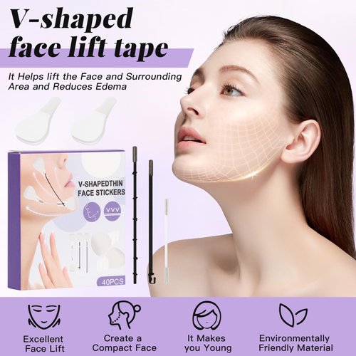 Shmian 40Pcs Invisible Face Tape Lifting for Neck Forehead Facial Wrinkles with Elastic Bands, Invisible V-Shaped Face Lifting Tape