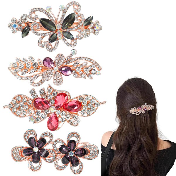 Rhinestone Hair Clips, 4 Pcs Rhinestone Wedding Hair Clips, Bridal Hair Pins, Crystal Bobby Pins, Crystal Flower Hair Clips Wedding Headpiece Hair Clips for Brides Women Girls (Gold)