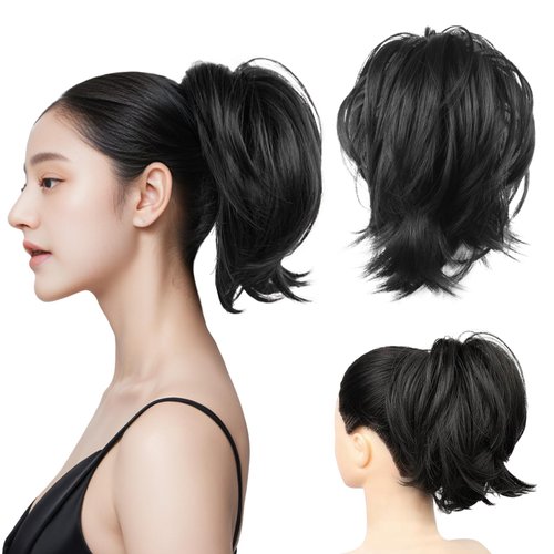 CROWN GUIDE Ponytail Extension 12 Inch Straight Ponytail for Women Human Hair Short Synthetic Pony Tails Black Hair Extensions Ponytail Claw Clip in Hair Piece Updo Wigs