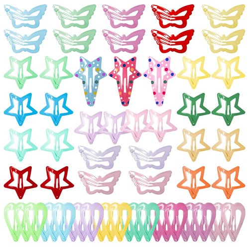 COCPLOK 60 Pcs Colorful Hair Clips, Cute Girl Anti Slip Hair Accessories, Starlike,Butterfly,Heart Shaped Children's Button Bow Hairpin(Snap Barrettes for Kids Teens Women)