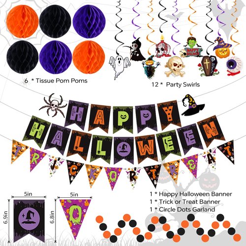 Halloween Party Decorations Happy Halloween Paper Banner with Trick or Treat Paper Banner Set, Halloween Honeycomb Ball Hanging Decorations and Spiral Decorations Indoor Outdoor Decor