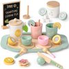 Toyssa Wooden Tea Party Set for Little Girls Toys Toddler Tea Set with Play Kitchen Accessories & Lemonade Stand & Black Board, Wooden Toys for Toddlers Aged 2 3 4 5 6, Birthday Kids Girls Gifts 3+