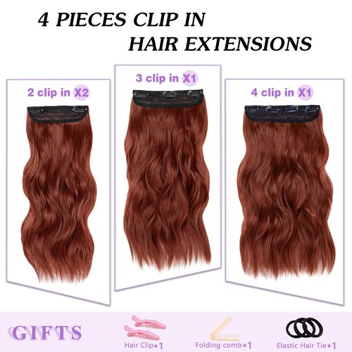 NAYOO 4PCS Clip in Hair Extensions Long Wavy Curly Synthetic Thick Hairpieces Wine Red for Women with Fiber Double Weft Hair Full Head（16 Inch, Wine Red）