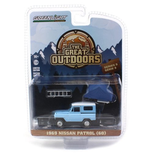 1969 Patrol (60) Light Blue with White Top and Camp'otel Cartop Sleeper Tent The Great Outdoors Series 3 1/64 Diecast Model Car by Greenlight 38050A