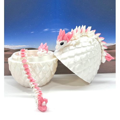 3D Printed Dragon with Dragon Egg, Articulated Mother and Child White and Pink Gemstone Dragons, Fidget ADHD Autism Toy, Executive Desk Toy MCDD063WP-BD007WP-GEM