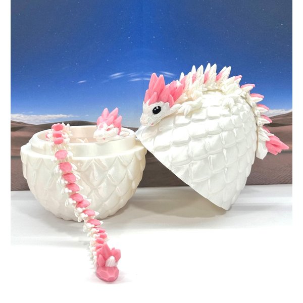 3D Printed Dragon with Dragon Egg, Articulated Mother and Child White and Pink Gemstone Dragons, Fidget ADHD Autism Toy, Executive Desk Toy MCDD063WP-BD007WP-GEM